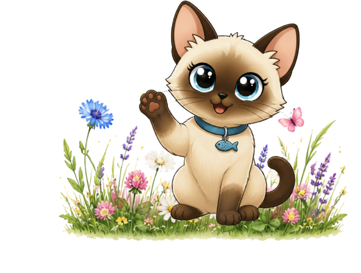 Misty the cat sitting in a soft garden illustration